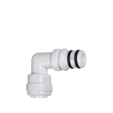 A white plastic elbow pipe connector with a black O-ring, designed for joining pipes at a 90-degree angle.