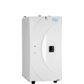 A white Brio water purification system with a rectangular shape, rounded edges, and a small digital display on the front, set against a plain white background.