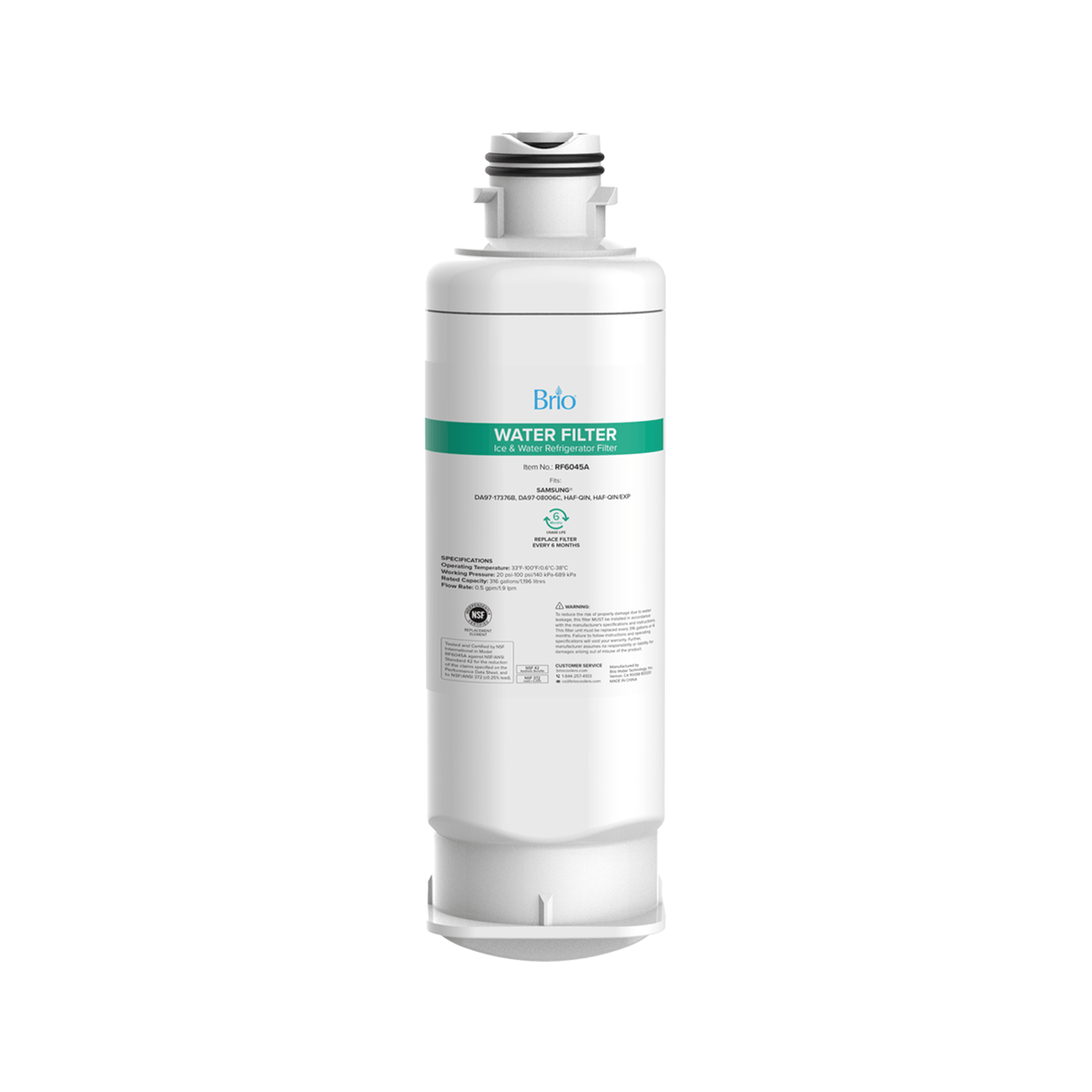 A white cylindrical Brio 6045A Refrigerator Filter (compatible with Samsung DA97-17376B, DA97-08006C, HAF-QIN, HAF-QIN/EXP), NSF-certified with a green label and coconut shell carbon block filter, stands upright on a white background.