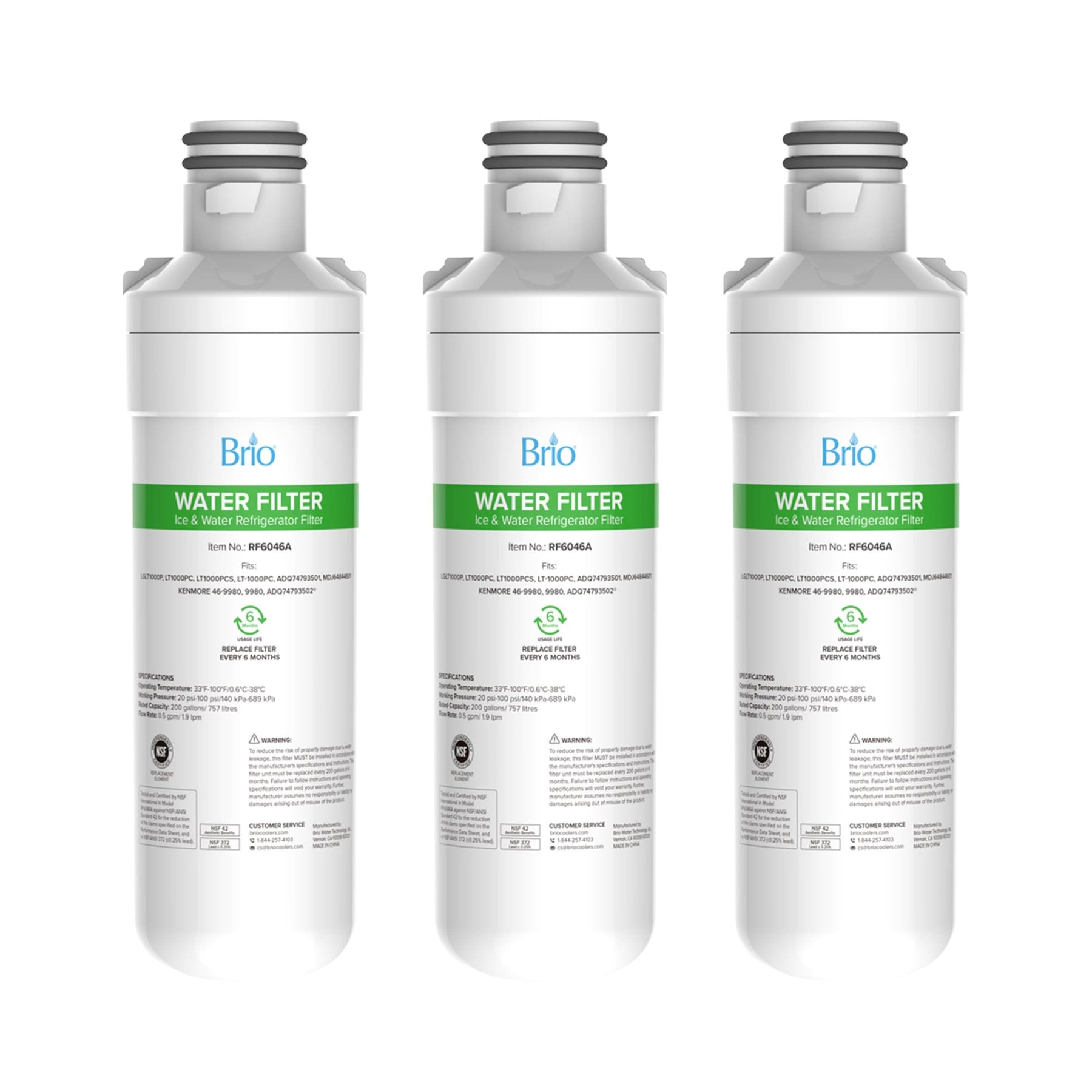 Three Brio 6046A Refrigerator Filters (3-Pack) for LGLT1000P, LT1000PC, LT1000PCS, and LT-1000PC are shown upright. Each has a white body, gray top, green NSF-certified label, and uses a coconut shell carbon block filter.