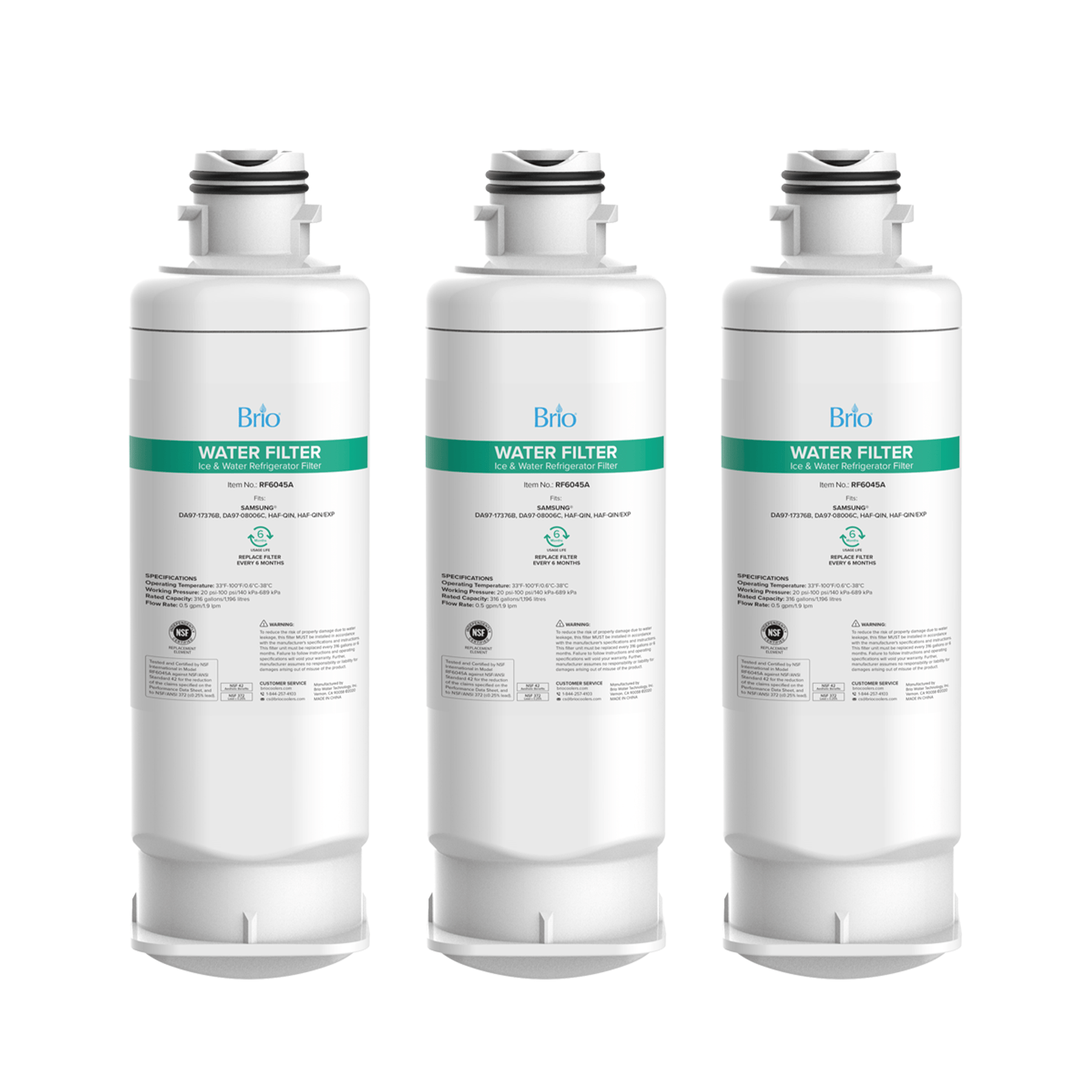 Three Brio 6045A Refrigerator Filters (3-Pack) compatible with Samsung DA97-17376B, DA97-08006C, HAF-QIN/EXP are shown upright in a row. Each white filter features coconut shell carbon and NSF-certified labeling in green and blue.