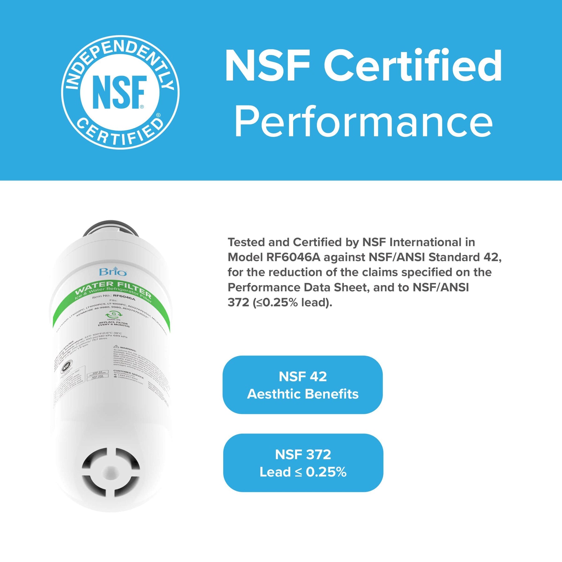A Brio 6046A Refrigerator Filter (3-Pack) is shown with coconut shell carbon block, NSF certified for reducing lead to ≤0.25% and improving taste, tested to NSF/ANSI 42 and 372. An NSF certification badge appears at the top left.