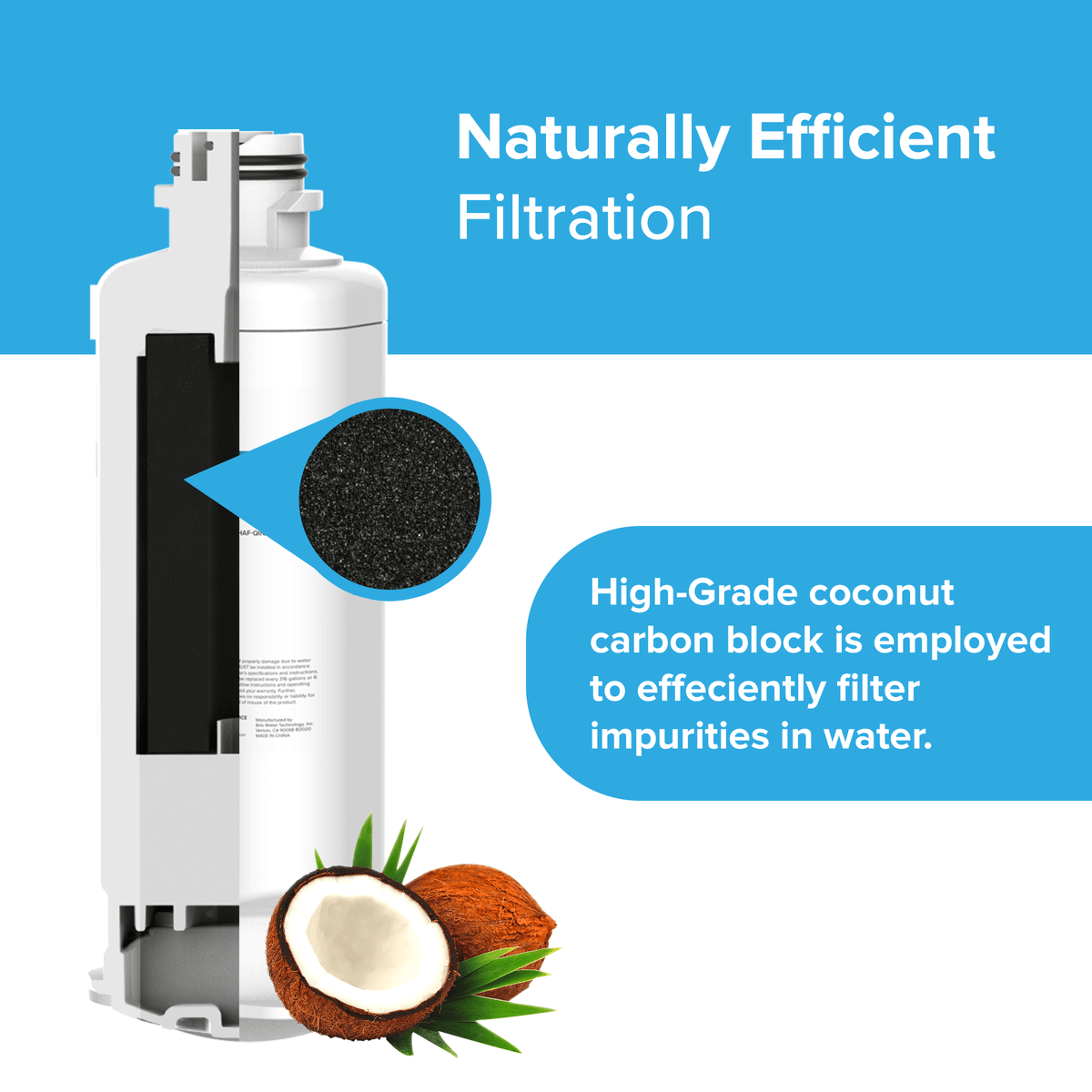 The 6045A Refrigerator Filters (3-Pack) fit Samsung DA97-17376B, DA97-08006C, HAF-QIN, and HAF-QIN/EXP. NSF-certified coconut shell carbon blocks inside ensure efficient water filtration; coconut pieces are pictured beside the filter.