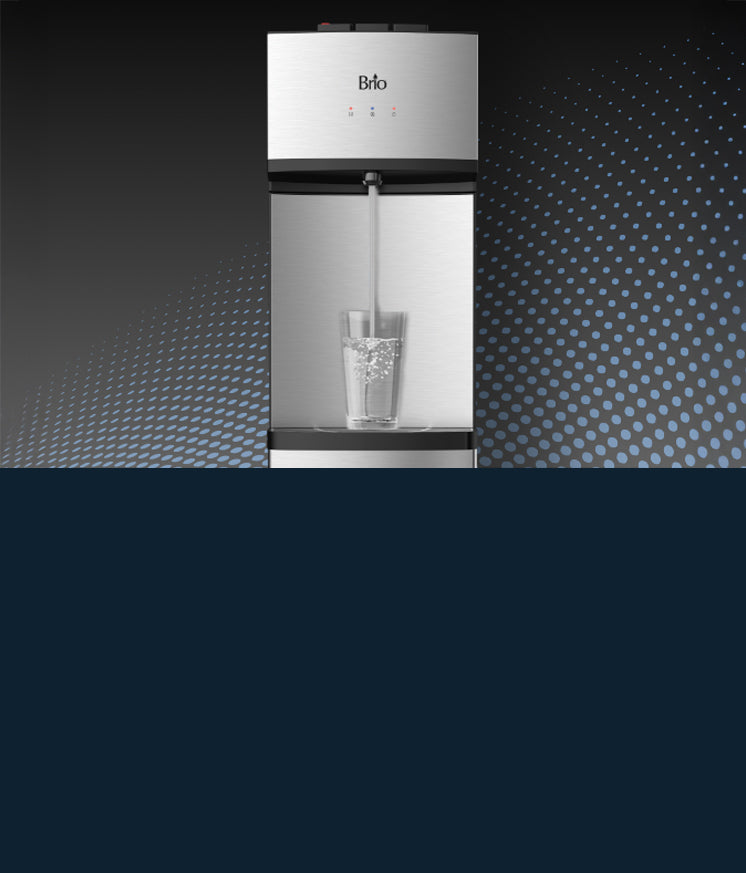 A stainless steel Brio 530 Series water dispenser pours water into a clear glass, set against a dark gradient background with a sweeping pattern of blue dots.