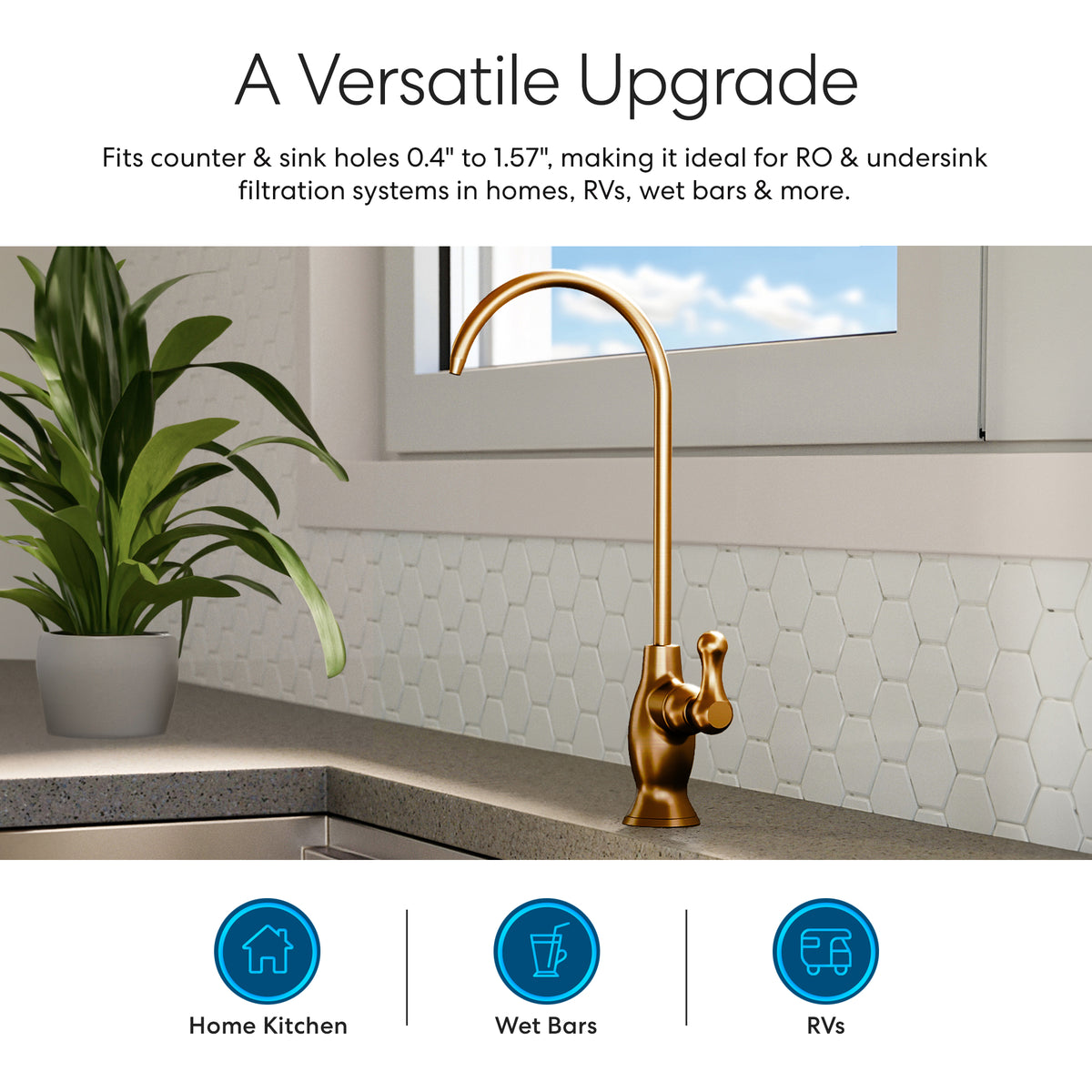 A Curvy Classic Series Water Faucet in Brushed Bronze is installed on a kitchen counter by a potted plant, with text noting its suitability for home kitchens, wet bars, and RVs. Icons and a hexagonal tile backsplash appear in the background.