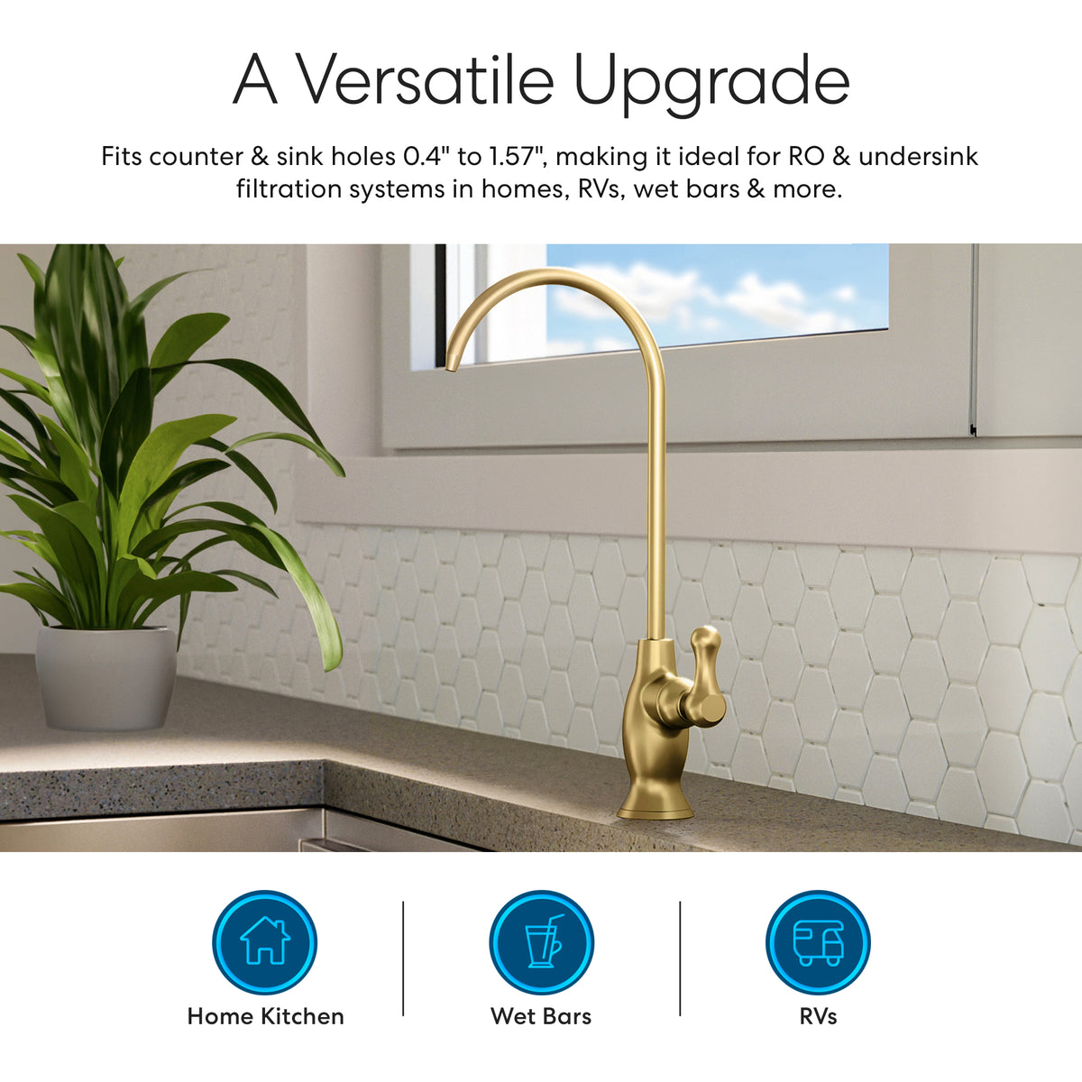 The Curvy Classic Series Water Faucet in brushed gold, made from lead-free stainless steel, is installed on a kitchen counter near a potted plant and window with hexagonal white tile backsplash. Icons show it's ideal for kitchens, wet bars, and RVs.