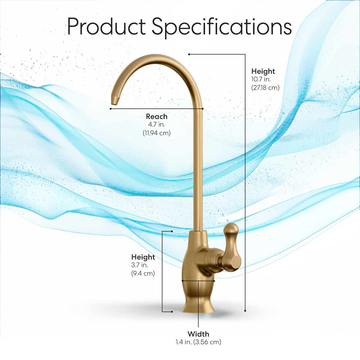Curvy Classic Series Water Faucet - Brushed Gold: lead-free stainless steel, curved spout, single side handle. Dimensions—height: 10.7 in, spout reach: 4.7 in, base height: 3.7 in, base width: 1.4 in. Blue waves background. Product Specifications.