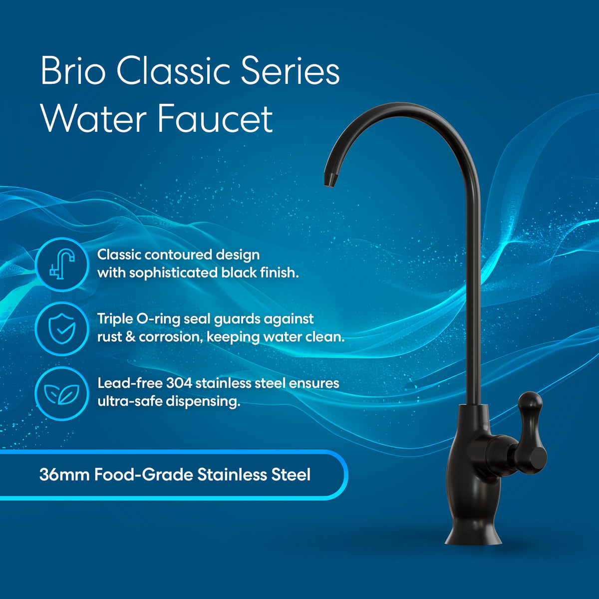 The Classic Series Water Faucet - Matte Black is shown on a blue background, highlighting its contoured design, triple O-ring seal, and 36mm food-grade, lead-free stainless steel—ideal as a reverse osmosis faucet.
