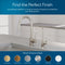 Modern kitchen faucet display featuring two Curvy Classic Series Water Faucets in brushed nickel, lead-free stainless steel, on a granite countertop. Six circular swatches show finishes: gold, bronze, nickel, chrome, black, and white.