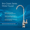 The Curvy Classic Series Water Faucet-Chrome is shown on a blue background with water graphics. It features a curved spout, triple O-ring seal, lead-free stainless steel construction, and a classic design.