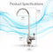 A labeled diagram of the Curvy Classic Series Water Faucet-Chrome (lead-free stainless steel): total height 10.7 in (27.18 cm), reach 4.7 in (11.94 cm), base height 3.7 in (9.4 cm), width 1.4 in (3.56 cm) with blue water graphics background.