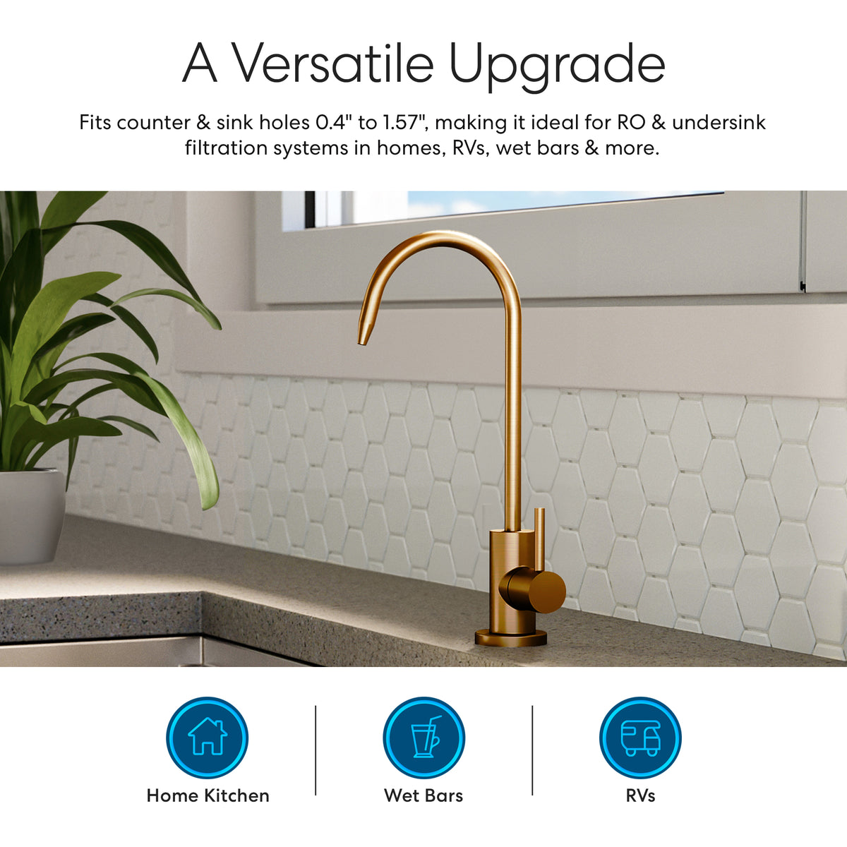 A Modern Series Water Faucet - Brushed Bronze is installed on a kitchen counter with a light hexagon tile backsplash, a plant, and icons below for use in home kitchens, wet bars, and RVs, plus water filtration system compatibility.