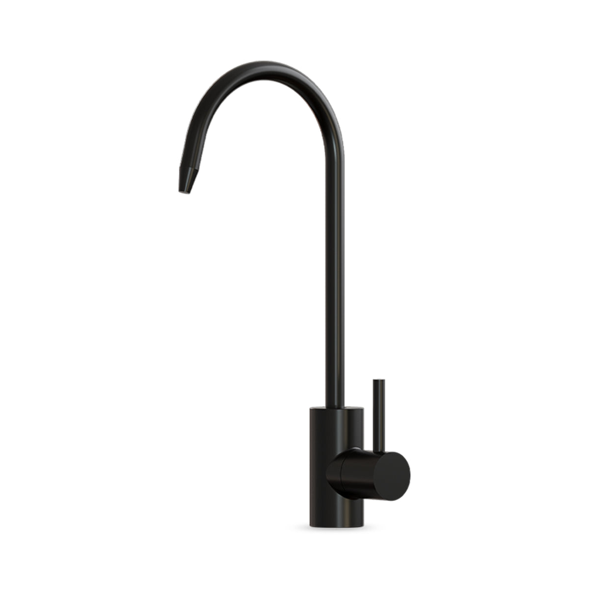The Modern Series Water Faucet-Matte Black features a tall curved spout, single side handle, and durable stainless steel construction, shown on a white background.