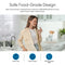 A smiling woman stands in a bright kitchen, holding a glass of water from the Modern Series Water Faucet-Matte Black. Text above highlights its safe food-grade design, with icons for lead-free, food-grade, and 304 stainless steel features below.