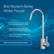 The Modern Series Water Faucet - Chrome is shown on a blue background, with icons highlighting its chrome finish, triple O-ring seal, reverse osmosis compatibility, and 27mm lead-free stainless steel build.