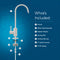 Diagram of the Modern Series Water Faucet - White with numbered stainless steel parts and a list: faucet, 45mm base extender, rubber washer, locking nut, 2 locking clips, 1/4" quick connect, and 1/4" PE tubing.