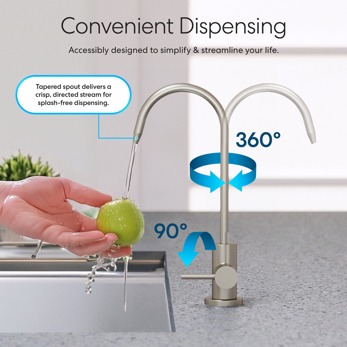 A hand rinses a green apple under the Modern Series Water Faucet- Brushed Nickel. The faucet features dual spouts with 360°/90° rotation, a splash-free tapered stream, and a modern reverse osmosis design for easy dispensing.