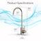 Diagram of a Modern Series Water Faucet- Brushed Nickel with measurements: height 10.3 in (26.3 cm), reach 4.92 in (12.5 cm), handle height 2.76 in (7 cm), width 1.07 in (2.7 cm). Blue wave graphic highlights the faucet.
