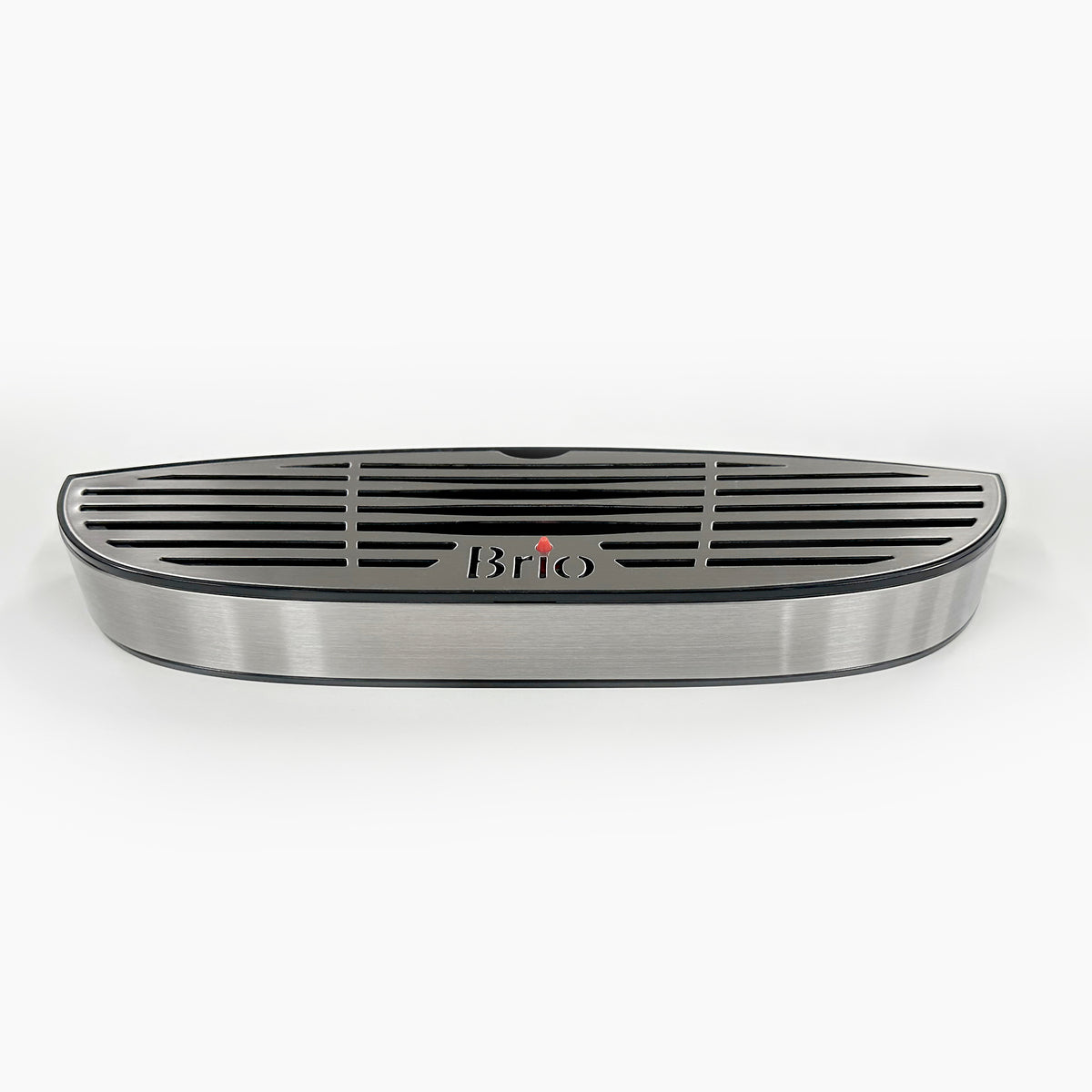 A sleek Drip Tray 720 Series Cooler accessory, made of stainless steel with a curved, rectangular design and black horizontal vents on top, shown against a white background.