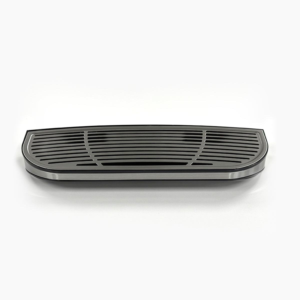 A Drip Tray with Cover 730 Cooler, a black, rectangular plastic tray with rounded edges and horizontal slits, is placed on a white background.