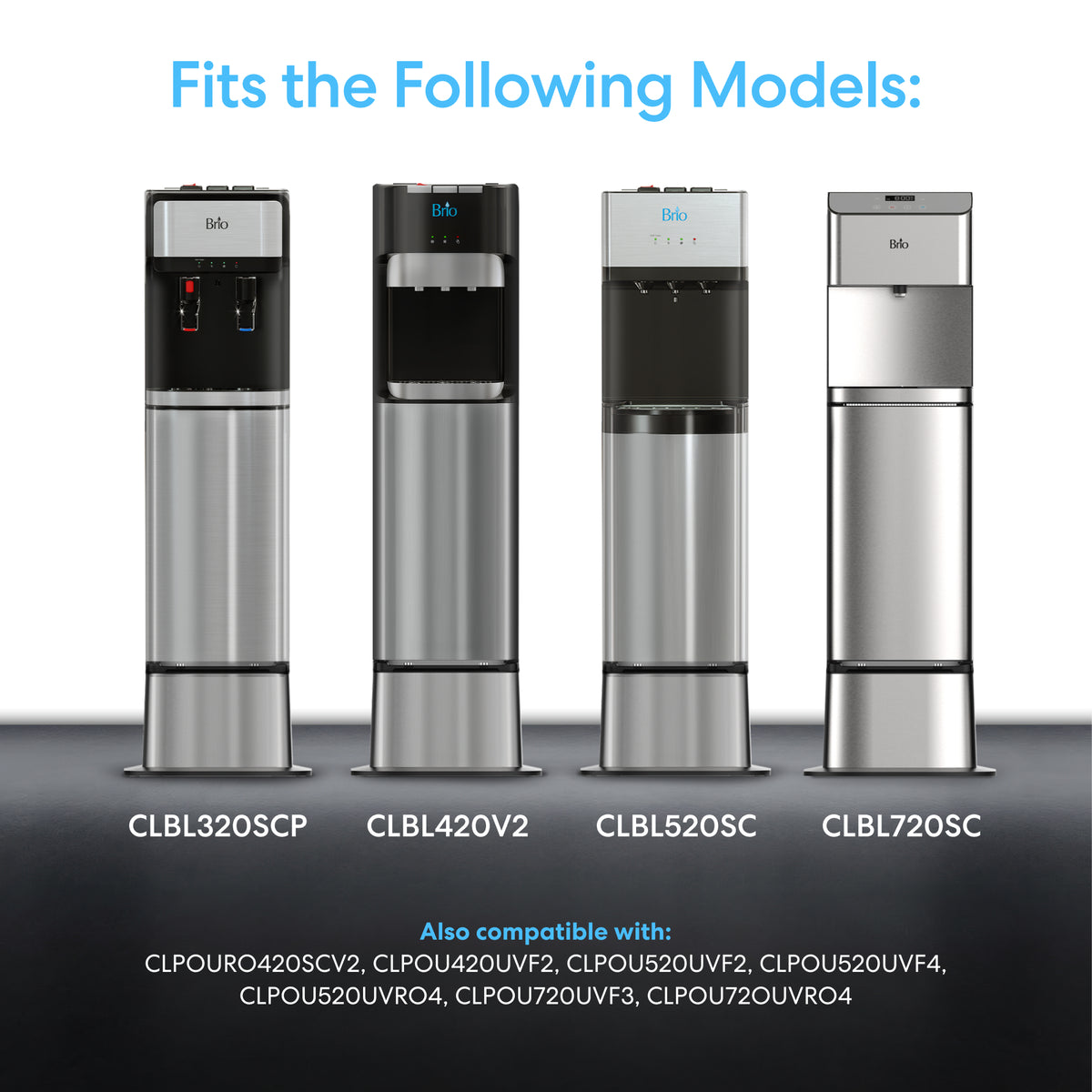 Four stainless steel Beko water dispensers—CLBL320SCP, CLBL420V2, CLBL520SC, and CLBL720SC—are shown side by side, each designed to fit securely on a Water Cooler Base from the 300, 400, 500, or 700 Series. Model numbers are listed below.