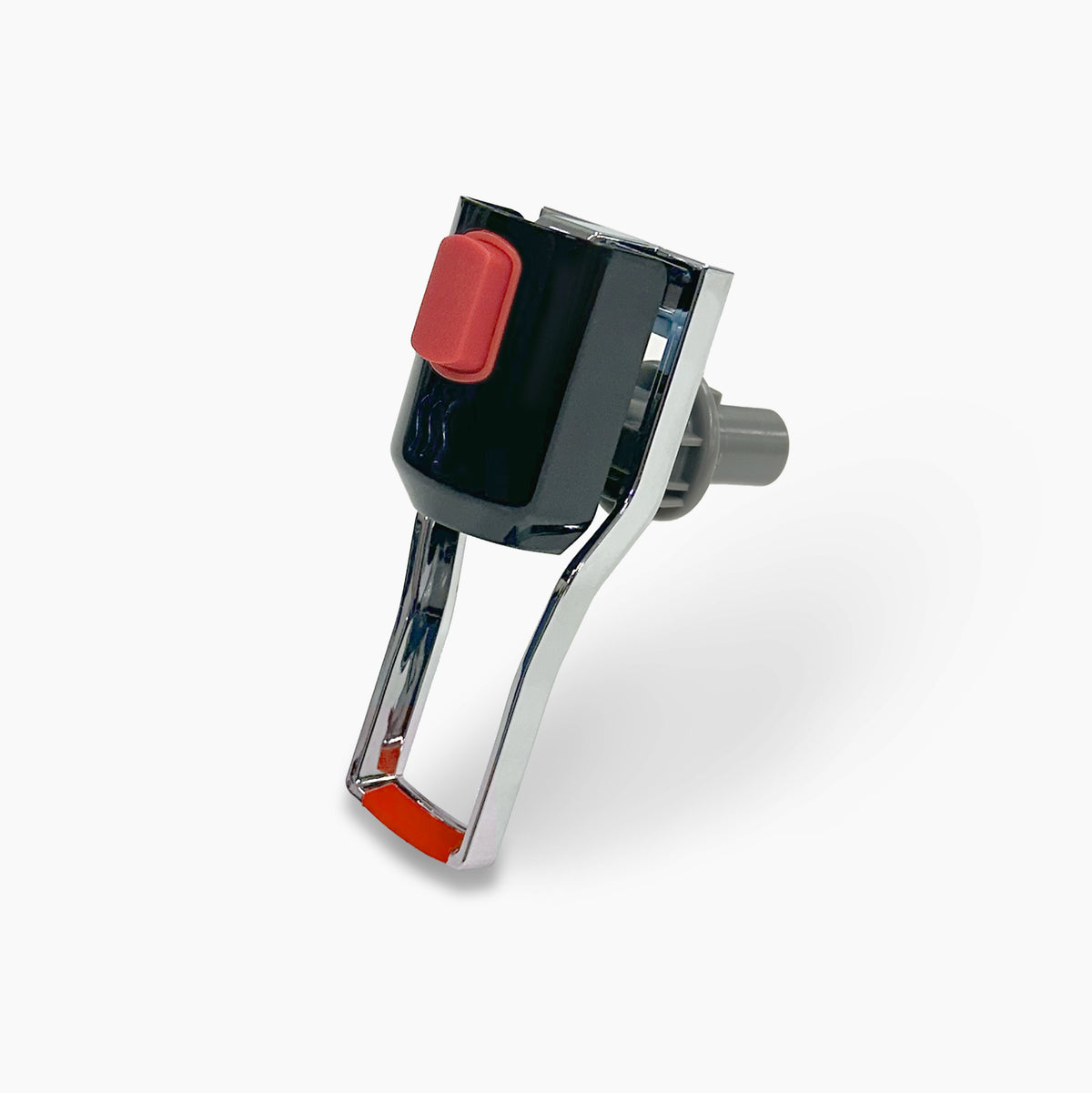 A close-up of the 300 Series Hot Paddle, featuring a chrome and black plastic lever mechanism with a red button and orange accent, photographed on a white background.