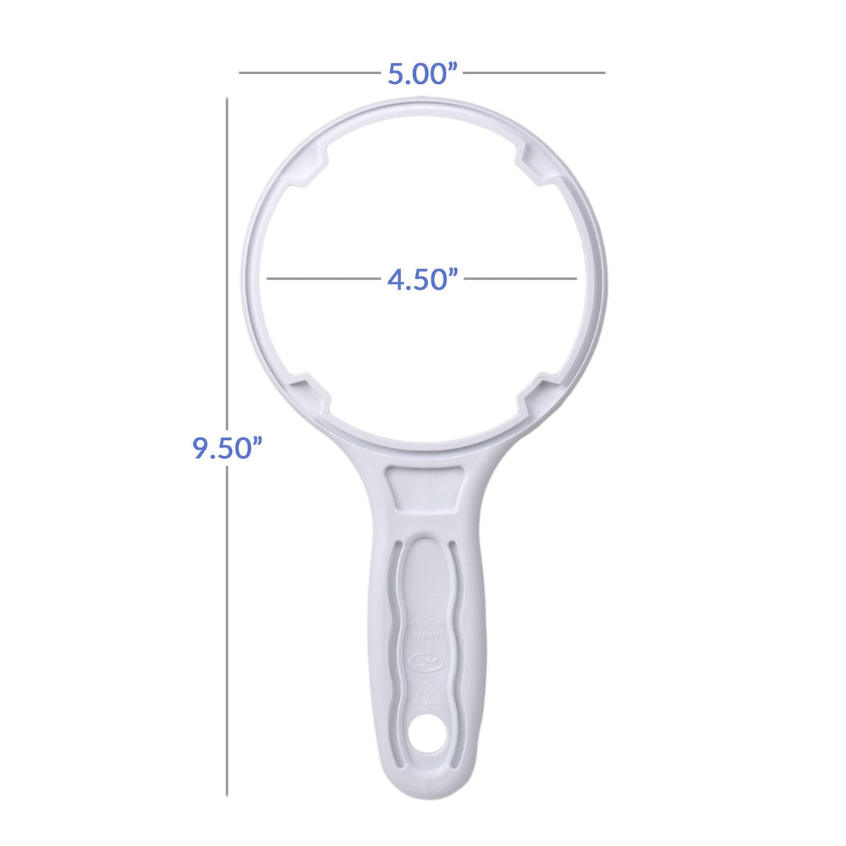 The 10 Inch White Filter Housing Wrench features a round opening for tightening or loosening RO filtration system housings, measures 9.5" long by 5" wide, and has blue measurement lines on a plain white plastic body.