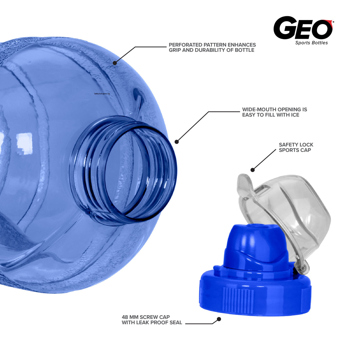 The GEO 1/2 Gallon BPA-Free Plastic Water Bottle with Sports Cap – Blue features a wide-mouth opening, a textured grip pattern, a secure safety lock cap, and a leak-proof 48mm screw cap. Clearly labeled features make this reusable bottle both practical and convenient for everyday use.
