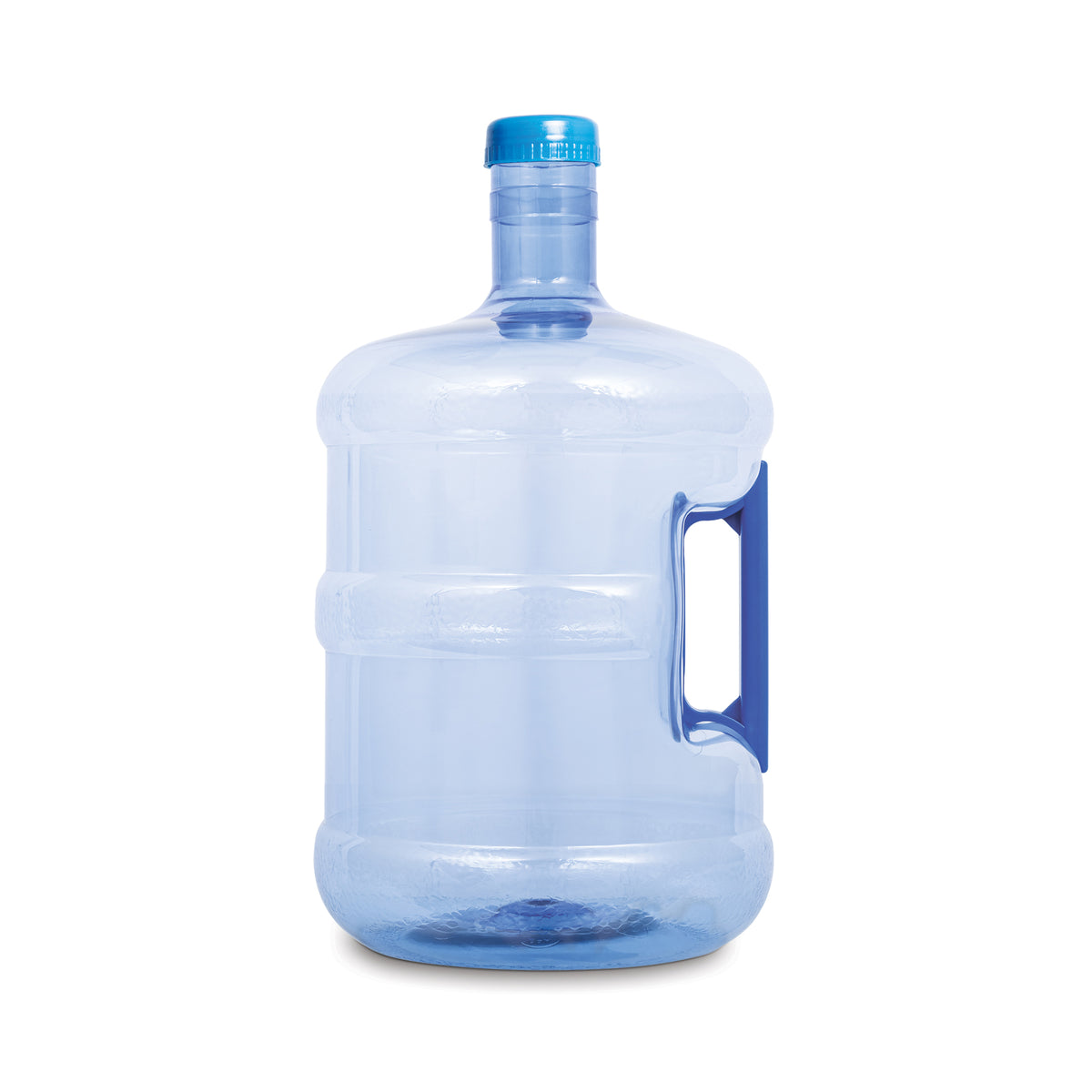 The 2-Gallon BPA-Free Water Bottle w/ Screw Cap is a large, transparent blue container with a built-in side handle, shown standing upright on a white background.