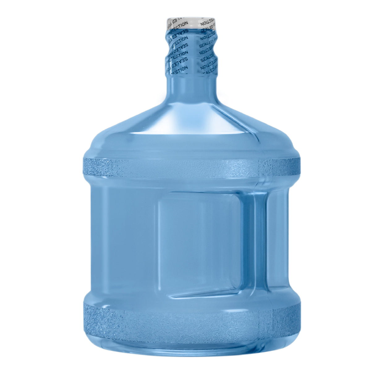 The Two Gallon Polycarbonate Plastic Reusable Water Bottle with Screw Cap is a large, transparent blue bottle with a textured handle and ribbed, impact-resistant sides, shown upright on a white background.