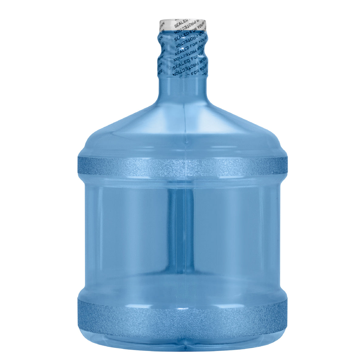 The Two Gallon Polycarbonate Plastic Reusable Water Bottle with Screw Cap is a large, impact-resistant blue bottle with a narrow neck, ideal for water dispensers. It stands upright against a white background.