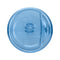 The Two Gallon Polycarbonate Plastic Reusable Water Bottle features a blue circular screw cap made from impact-resistant plastic, seen from above with safety warnings, recycling symbols, and a small central handle for easy opening.