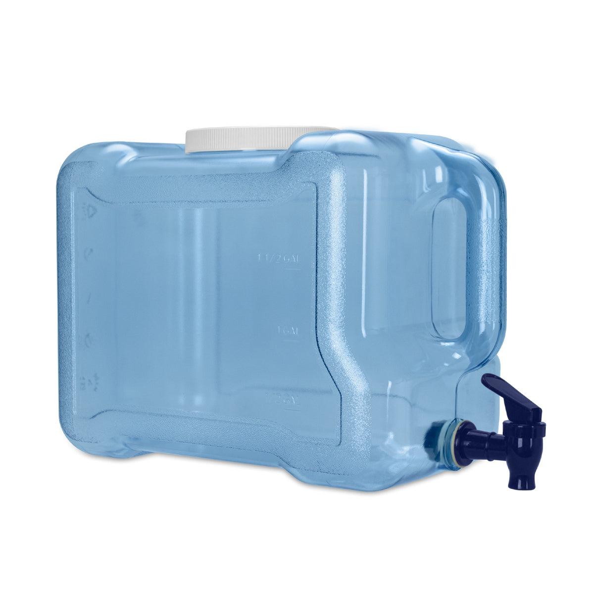 The 2-Gallon Polycarbonate Water Dispenser is a large rectangular blue plastic jug with a white screw-on lid, black spigot, side handle, and is designed for easy carrying while camping.