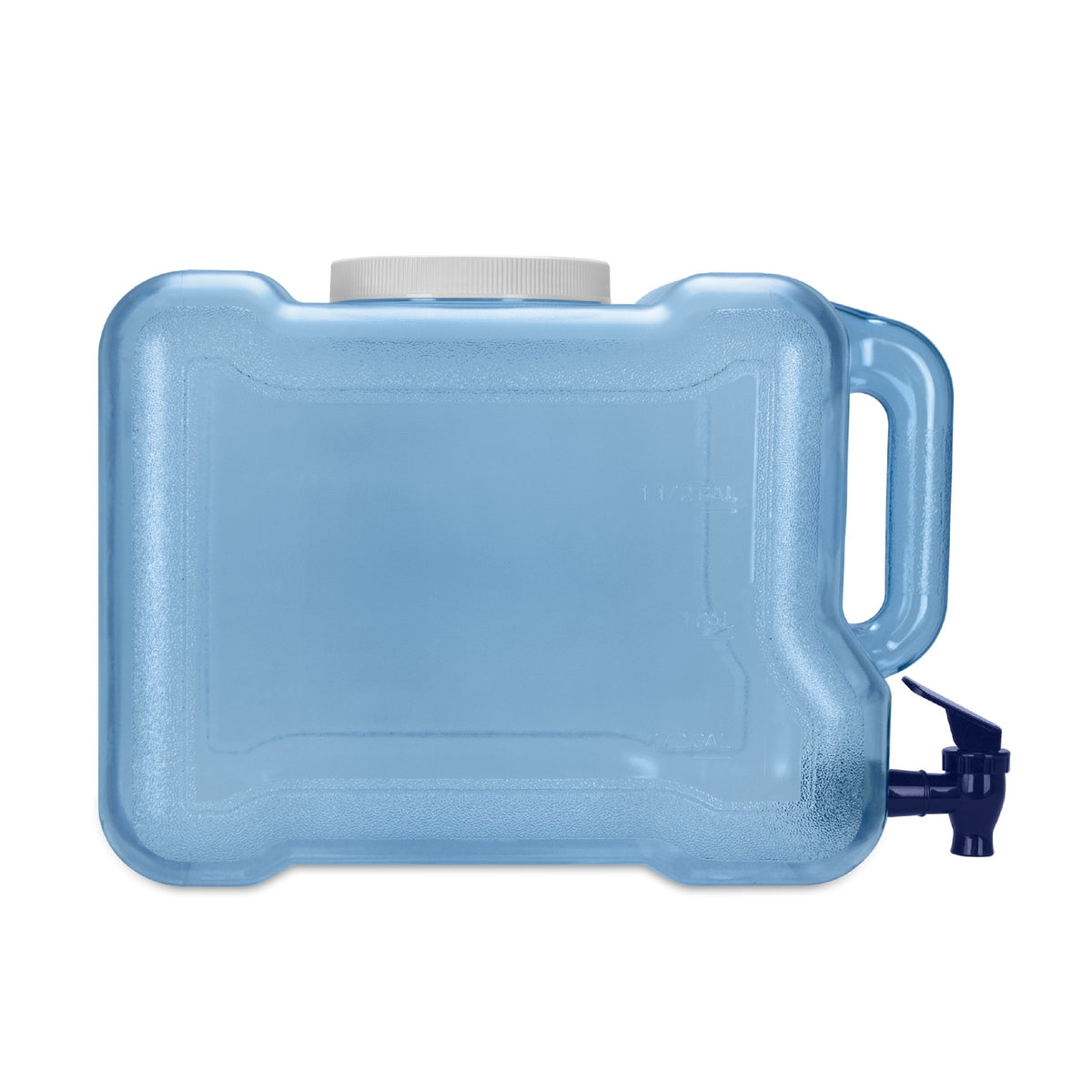 The 2-Gallon Polycarbonate Water Dispenser is a large, rectangular blue jug with a white screw cap, side handle, and black bottom-right spigot—ideal as a portable outdoor water dispenser for camping and adventures.