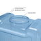 Close-up of the 2-Gallon Polycarbonate Water Dispenser in blue, featuring stackable indents, a perforated grip for durability, and a wide-mouth opening for easy ice filling—ideal as a portable outdoor water jug.
