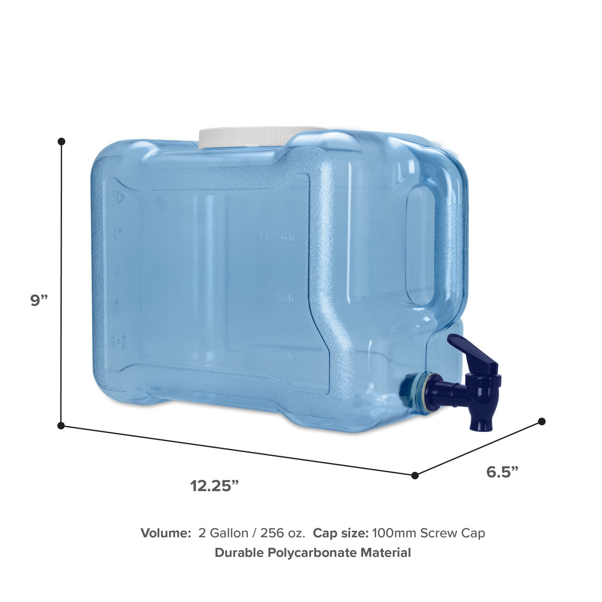 The 2-Gallon Polycarbonate Water Dispenser is blue with a black spigot, white screw cap, side handle, and measures 12.25"W x 9"H x 6.5"D. Made of durable polycarbonate for reliable, portable water storage while camping.