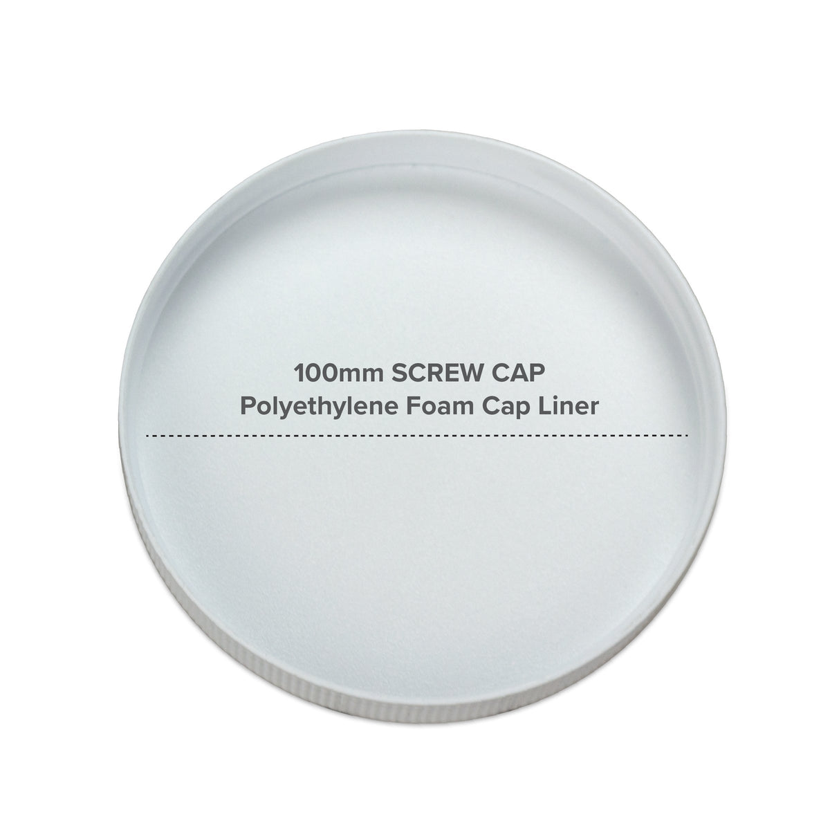 The 2-Gallon Polycarbonate Water Dispenser comes with a white screw cap featuring the text “100mm SCREW CAP Polyethylene Foam Cap Liner” printed inside, perfect for securely sealing your camping water jug or container.