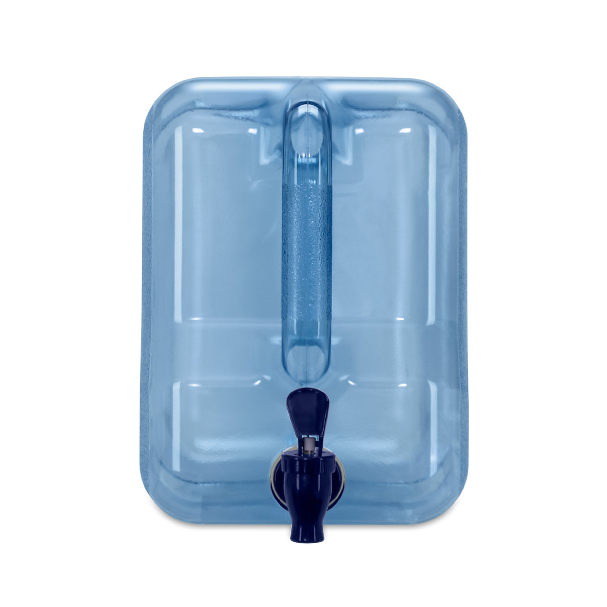 The 2-Gallon Polycarbonate Water Dispenser is a rectangular blue plastic jug with a top handle and dark blue spigot, displayed against a white background.