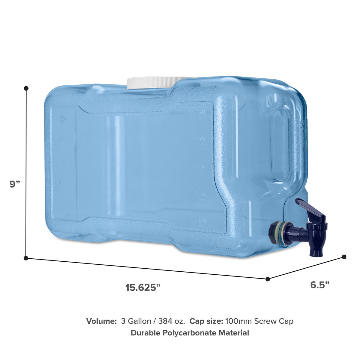 The Three Gallon Polycarbonate Plastic Refrigerator Bottle is a blue, rectangular 3-gallon container with a white screw cap on top and black spigot on one end. Made from durable polycarbonate, it measures 9" H x 15.625" W x 6.5" D.