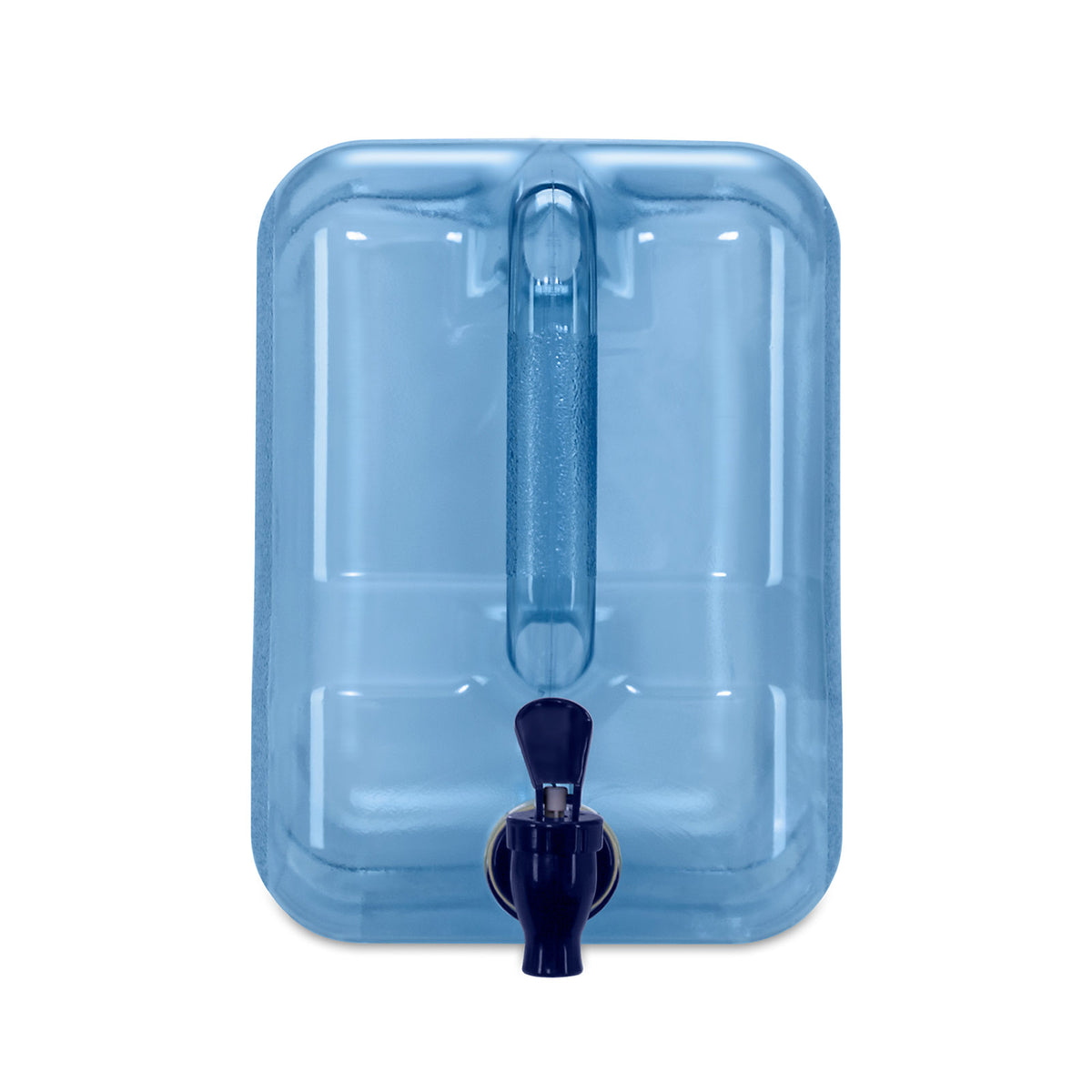 The Three Gallon Polycarbonate Plastic Refrigerator Bottle is a blue rectangular bottle with a built-in bottom-center spigot, shown from above on a white background.