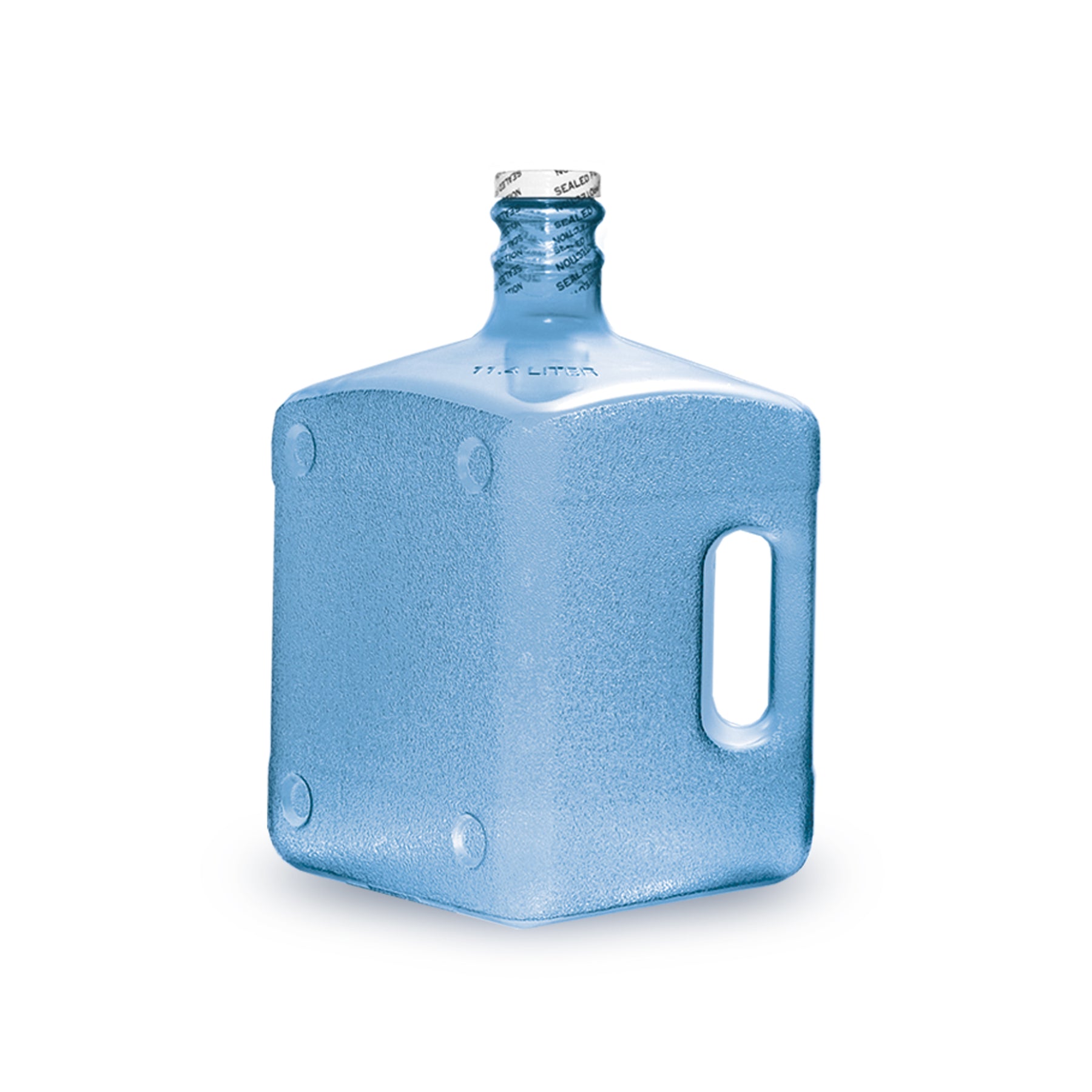 The 3-Gallon Polycarbonate Square Water Bottle features a 48mm screw top, BPA-free material, built-in side handle, and blue square design, displayed against a white background.