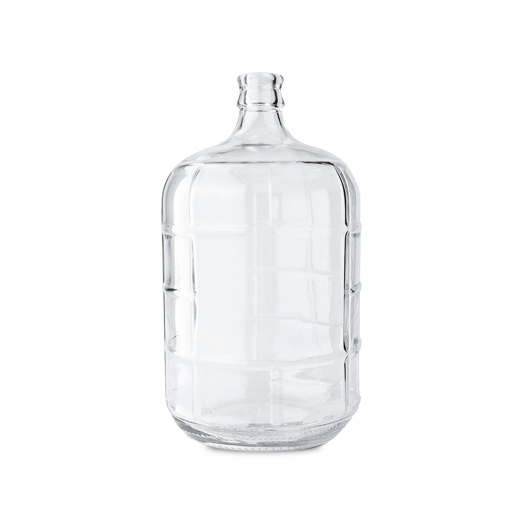 A 3 gallon round glass bottle with no cap, transparent and intended for storing liquids.