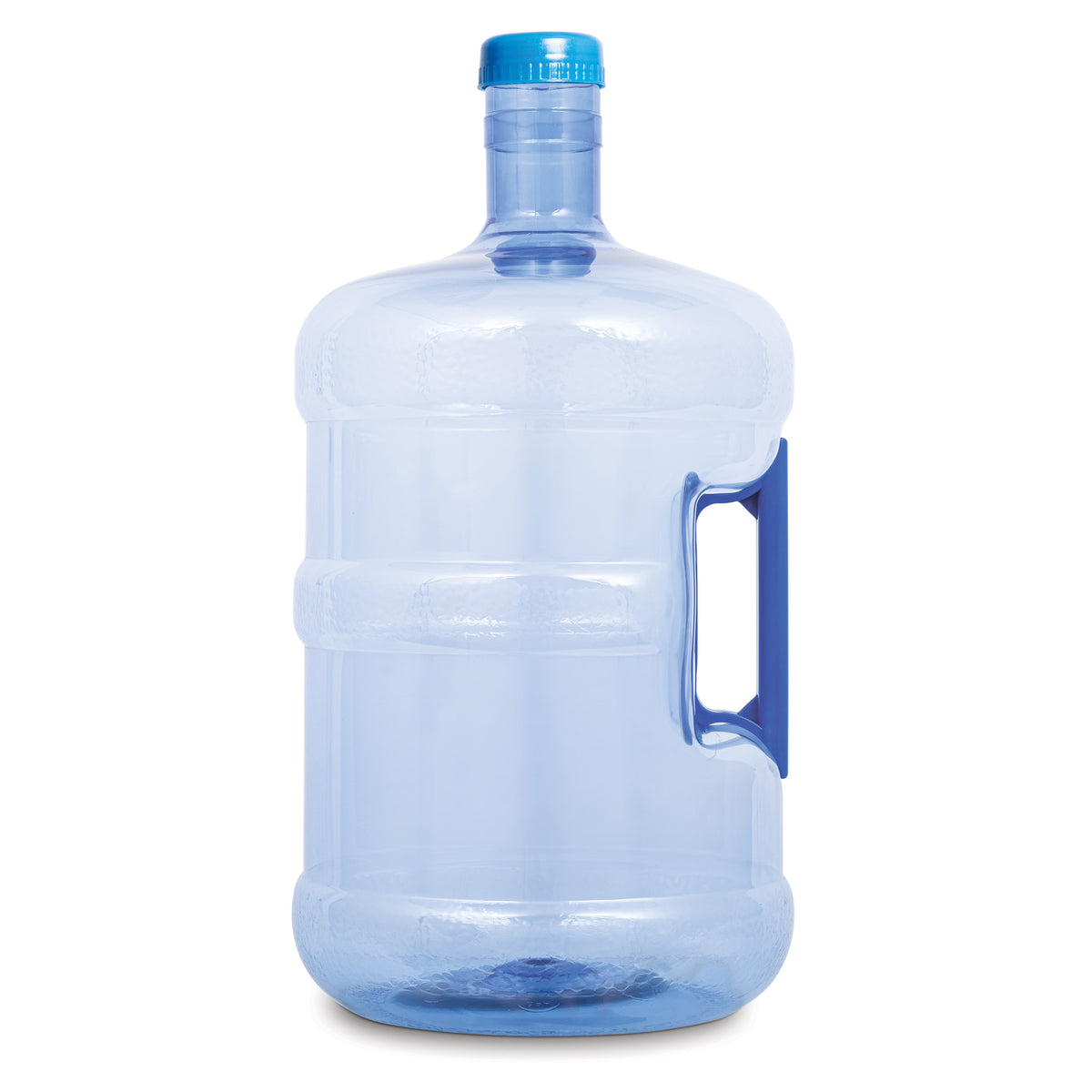 A 5-gallon blue water bottle with a blue screw cap and built-in handle.