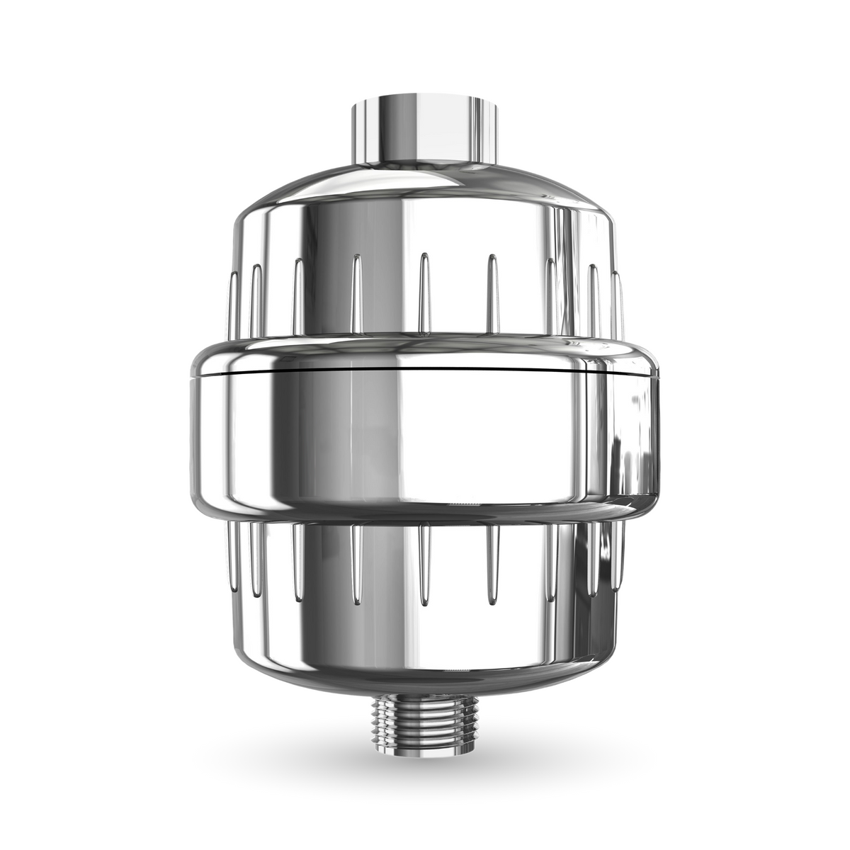 The 15-Stage High Output Advanced Shower Filter features a shiny metallic cylindrical body with vertical grooves and threaded connectors, designed for effective chlorine reduction and water purification, shown against a white background.