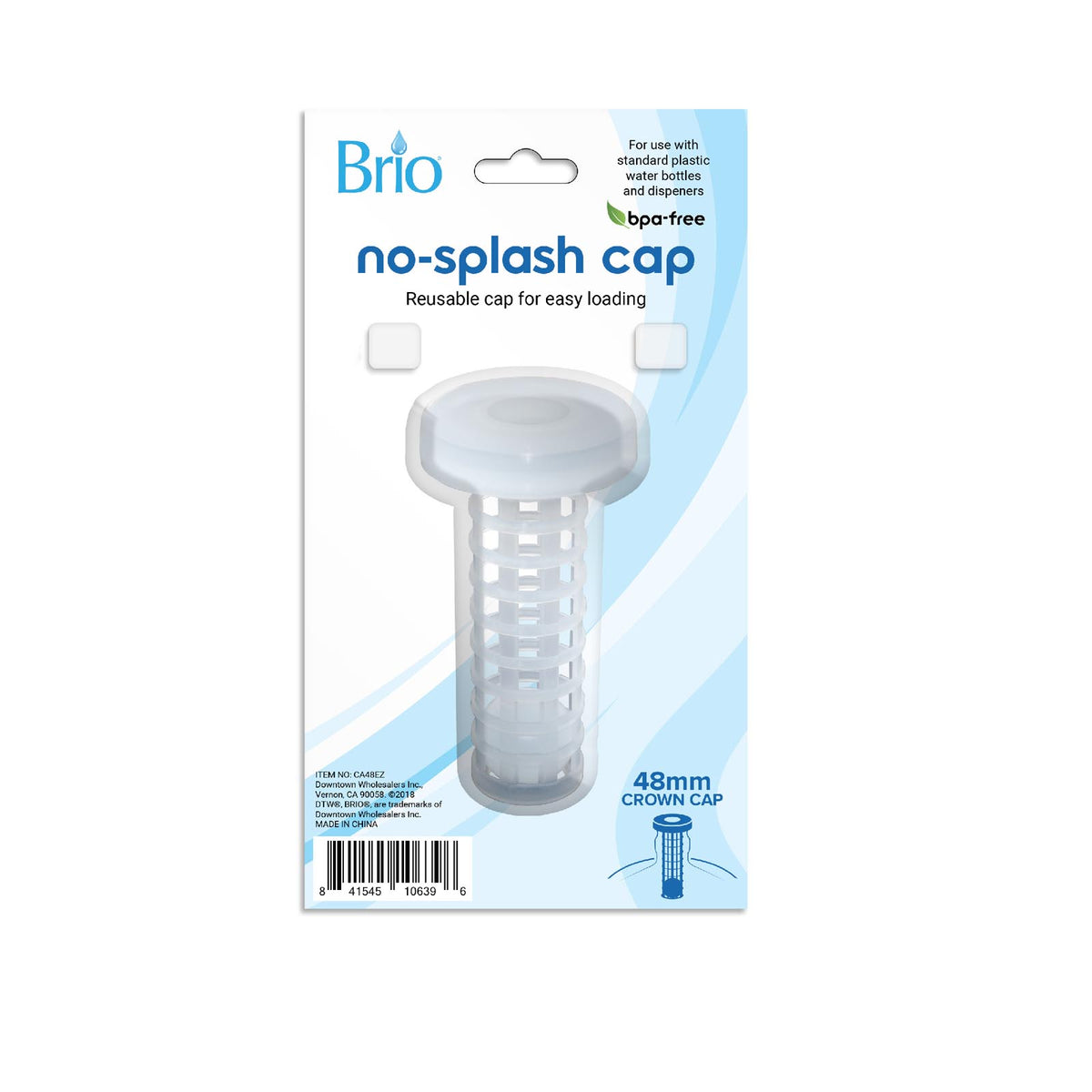 The 48MM No-Spill Cap Display Package for Screw Neck Water Bottles features a white and blue design, product image, and highlights BPA-free, FDA-approved, easy-load use, and no-spill functionality.