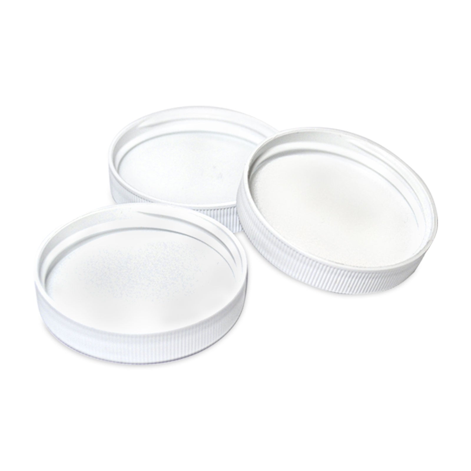 Three 53MM Water Bottle Screw Caps, white and round with textured edges, are arranged on a white surface, slightly overlapping.