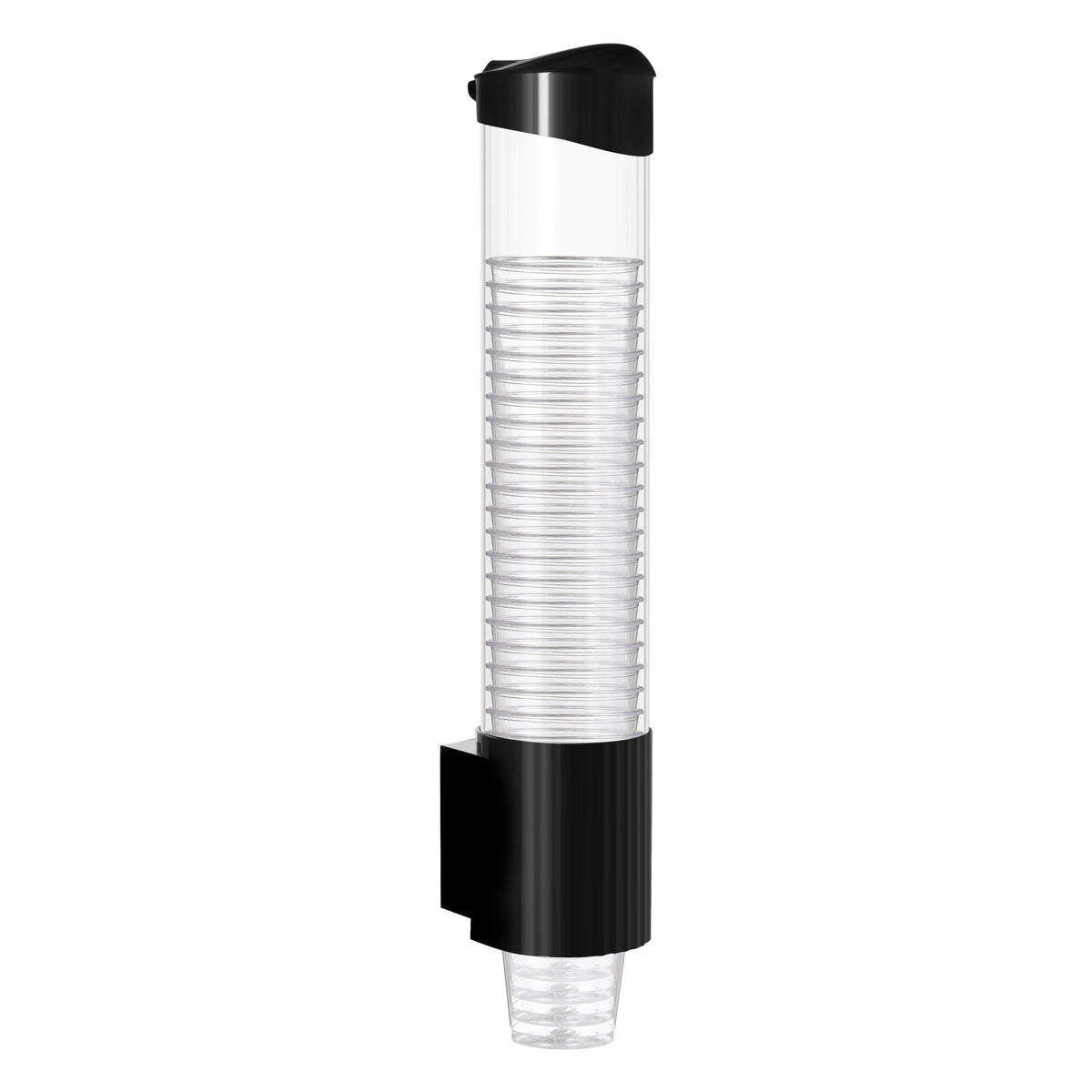 The Cup Dispenser - Black is a wall-mounted cylindrical cup holder, featuring a transparent body that displays stacked plastic cups inside and black components at the top and bottom for easy dispensing and sturdy support. It’s ideal as a water cooler cup holder for Brio setups or any shared hydration station.