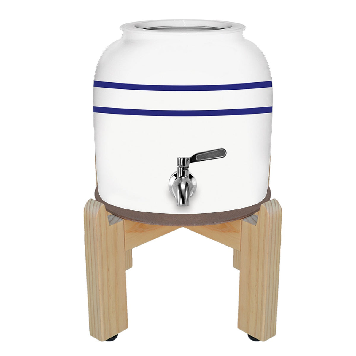 The GEO Porcelain Ceramic Crock Water Dispenser w/ Stand - Blue Stripe is a BPA-free ceramic water crock featuring two blue stripes, a metal spigot, and a wooden stand.