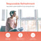 A woman with short hair and headphones sits by a bright window, drinking water from a glass. Text: "Responsible Refreshment with the Stainless Steel Bottom Load Water Cooler - 130 Series—save money, reduce plastic waste, and support a healthier lifestyle." Icons show benefits.