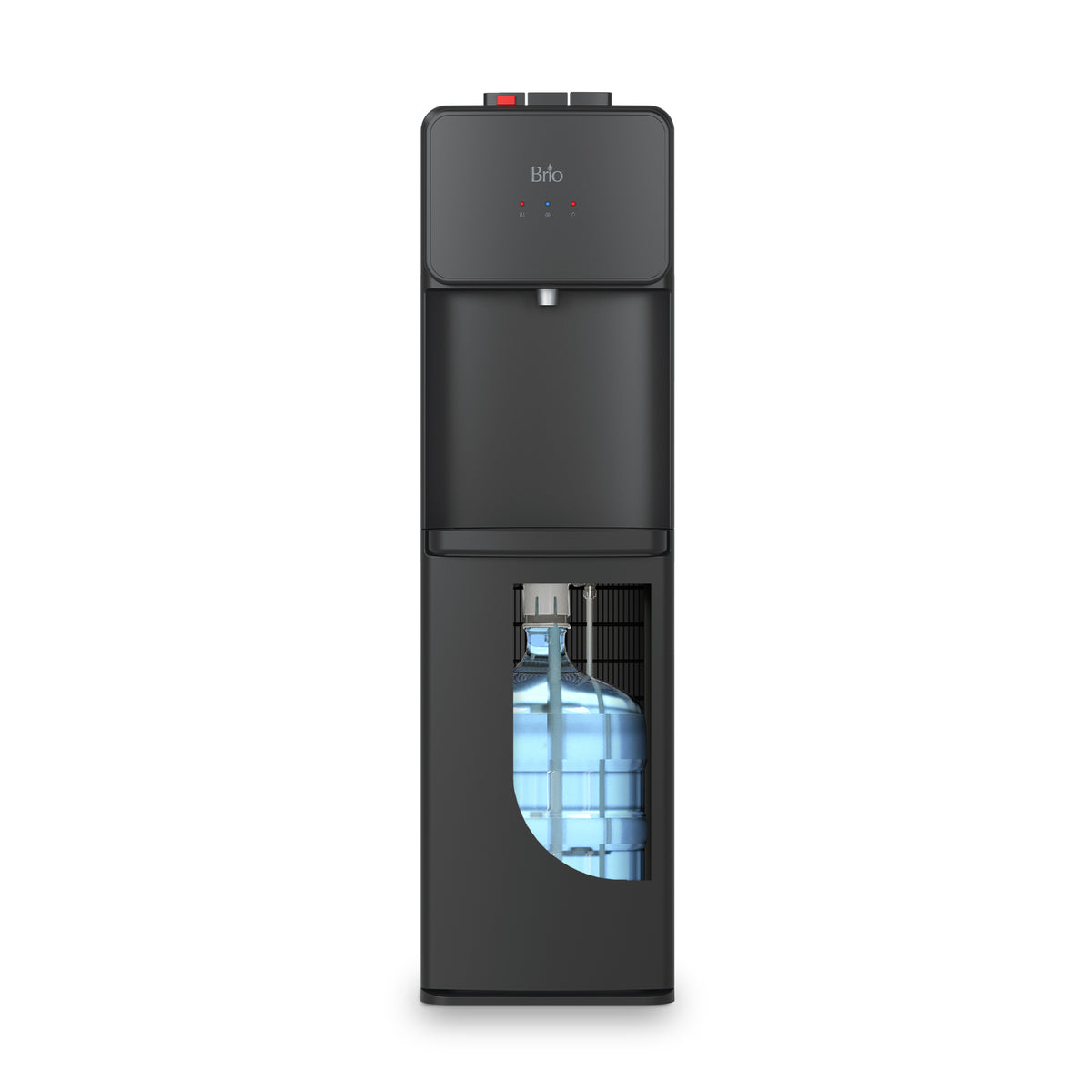 The Bottom Load Water Cooler - 130 Series is a black cooler with top buttons, a visible lower compartment displaying a large blue water bottle, and a convenient tri-temperature dispenser.